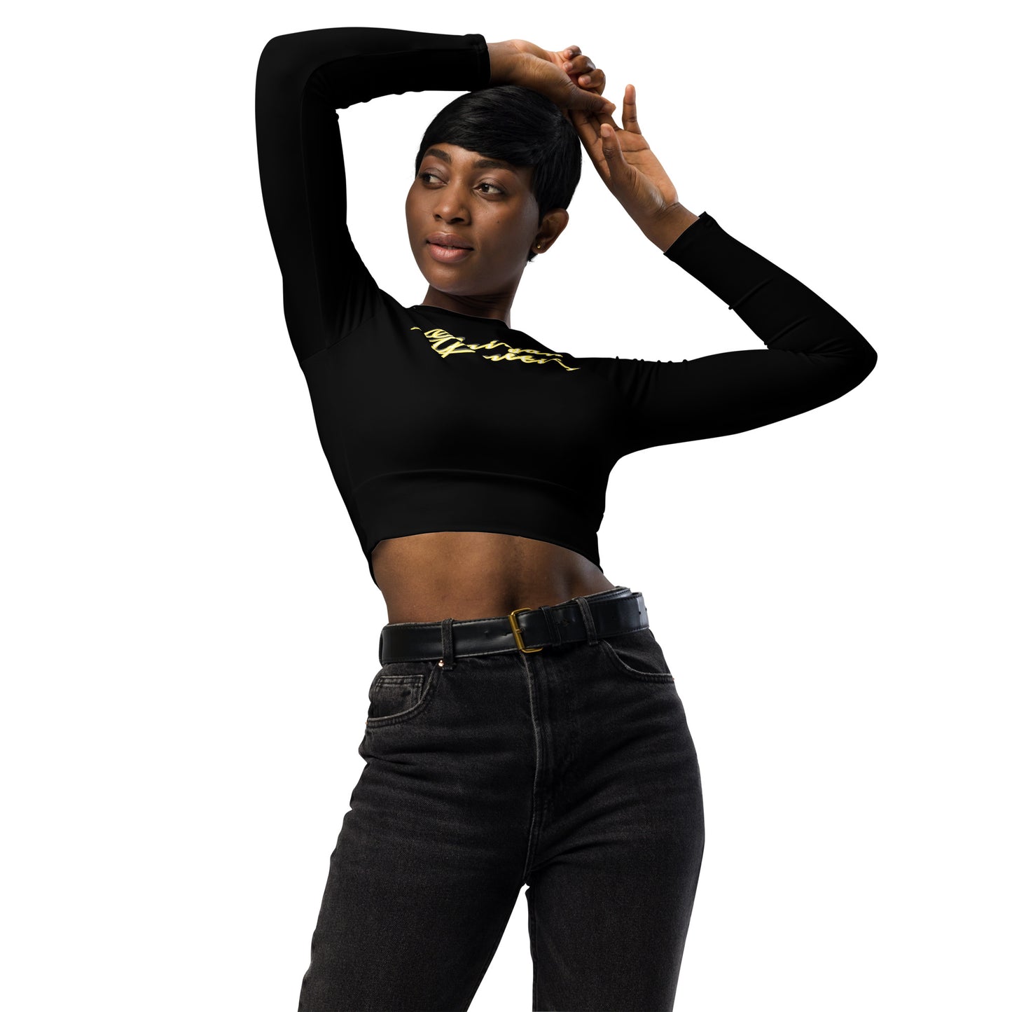 Recycled Long Sleeve Crop Top Weiß - Frontansicht Detail - Saiyan Genetics