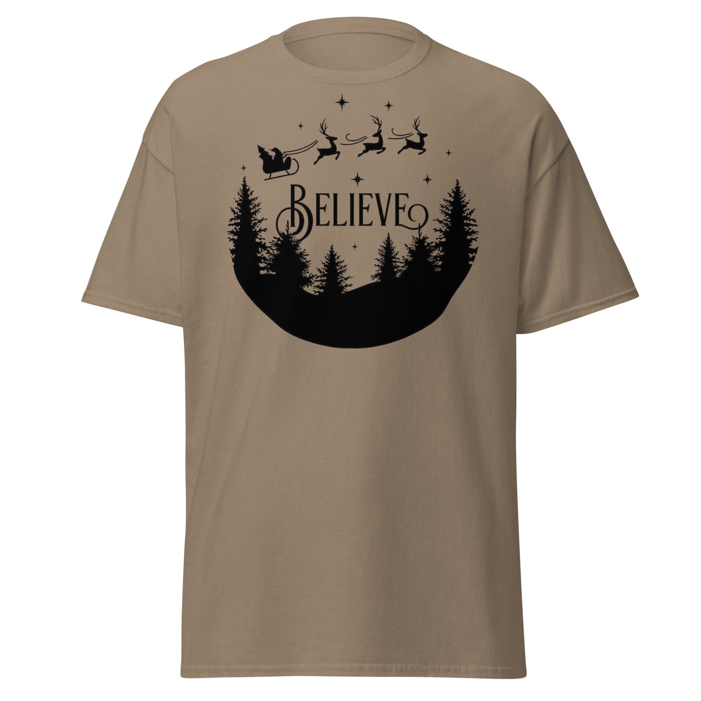 Believe Weihnachts T-Shirt in Brown Savana - Rentier Design Unisex Vorderseite